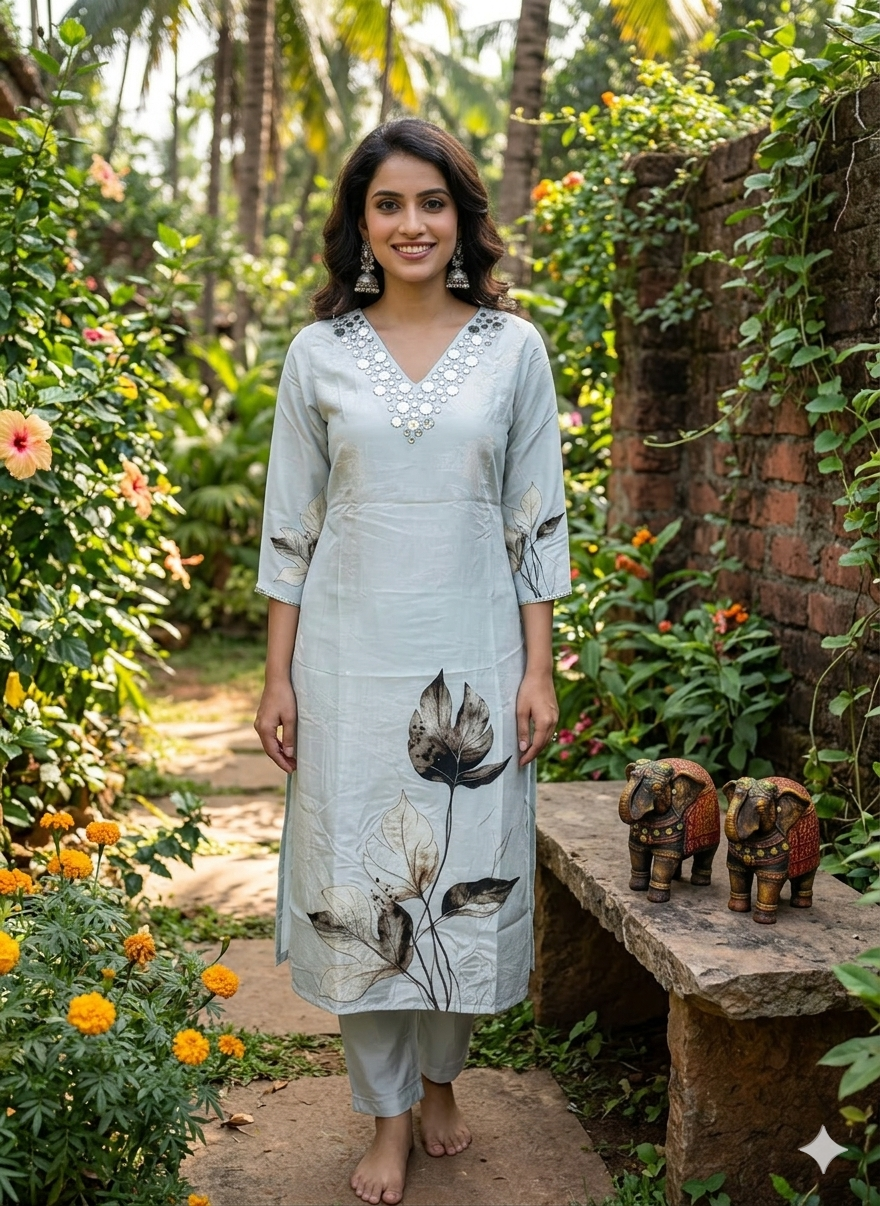 Function Wear 3-Piece Set in Grey Color, Elegant Mirror Work in Yoke and Printed Leaf Design. It comes with Similar Printed design in Dupatta.
