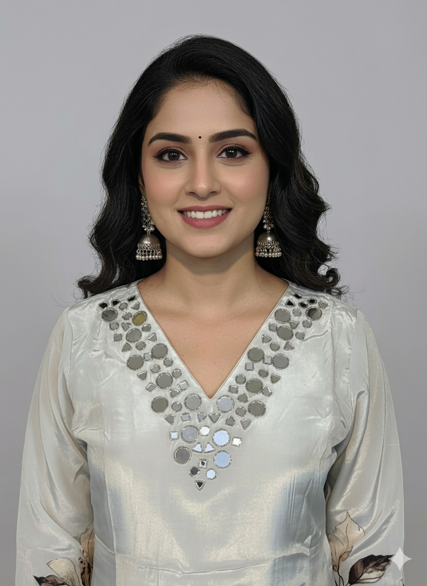 Function Wear 3-Piece Set in Grey Color, Elegant Mirror Work in Yoke and Printed Leaf Design. It comes with Similar Printed design in Dupatta.