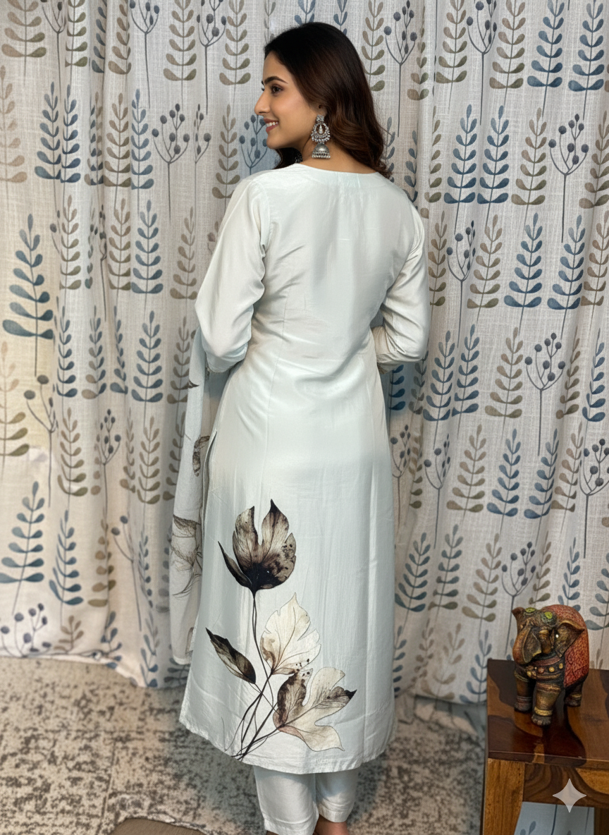 Function Wear 3-Piece Set in Grey Color, Elegant Mirror Work in Yoke and Printed Leaf Design. It comes with Similar Printed design in Dupatta.