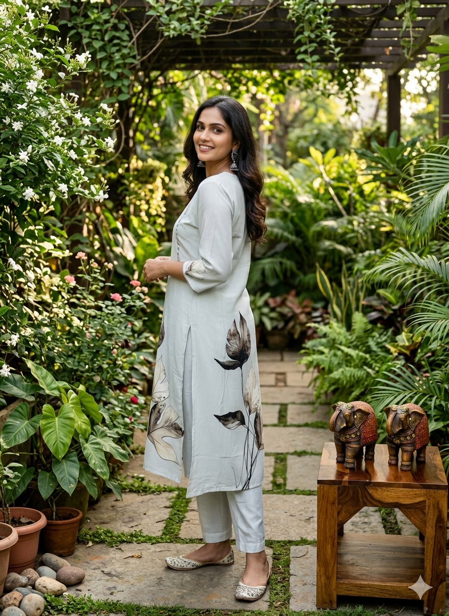 Function Wear 3-Piece Set in Grey Color, Elegant Mirror Work in Yoke and Printed Leaf Design. It comes with Similar Printed design in Dupatta.