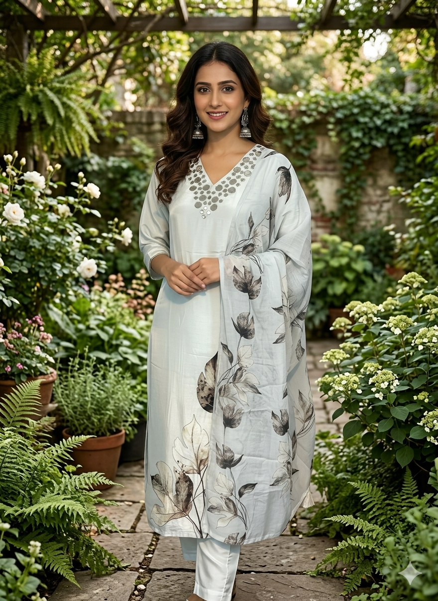 Function Wear 3-Piece Set in Grey Color, Elegant Mirror Work in Yoke and Printed Leaf Design. It comes with Similar Printed design in Dupatta.