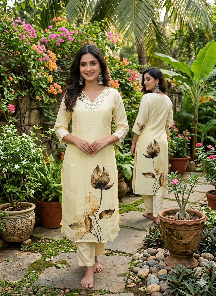 Function Wear 3-Piece Set in Ivory Color, Elegant Mirror Work in Yoke and Printed Leaf Design. It comes with Similar Printed design in Dupatta.