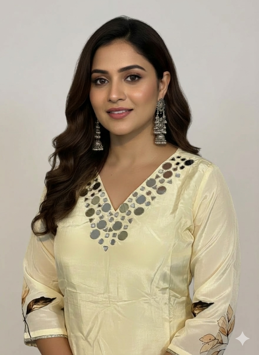Function Wear 3-Piece Set in Ivory Color, Elegant Mirror Work in Yoke and Printed Leaf Design. It comes with Similar Printed design in Dupatta.