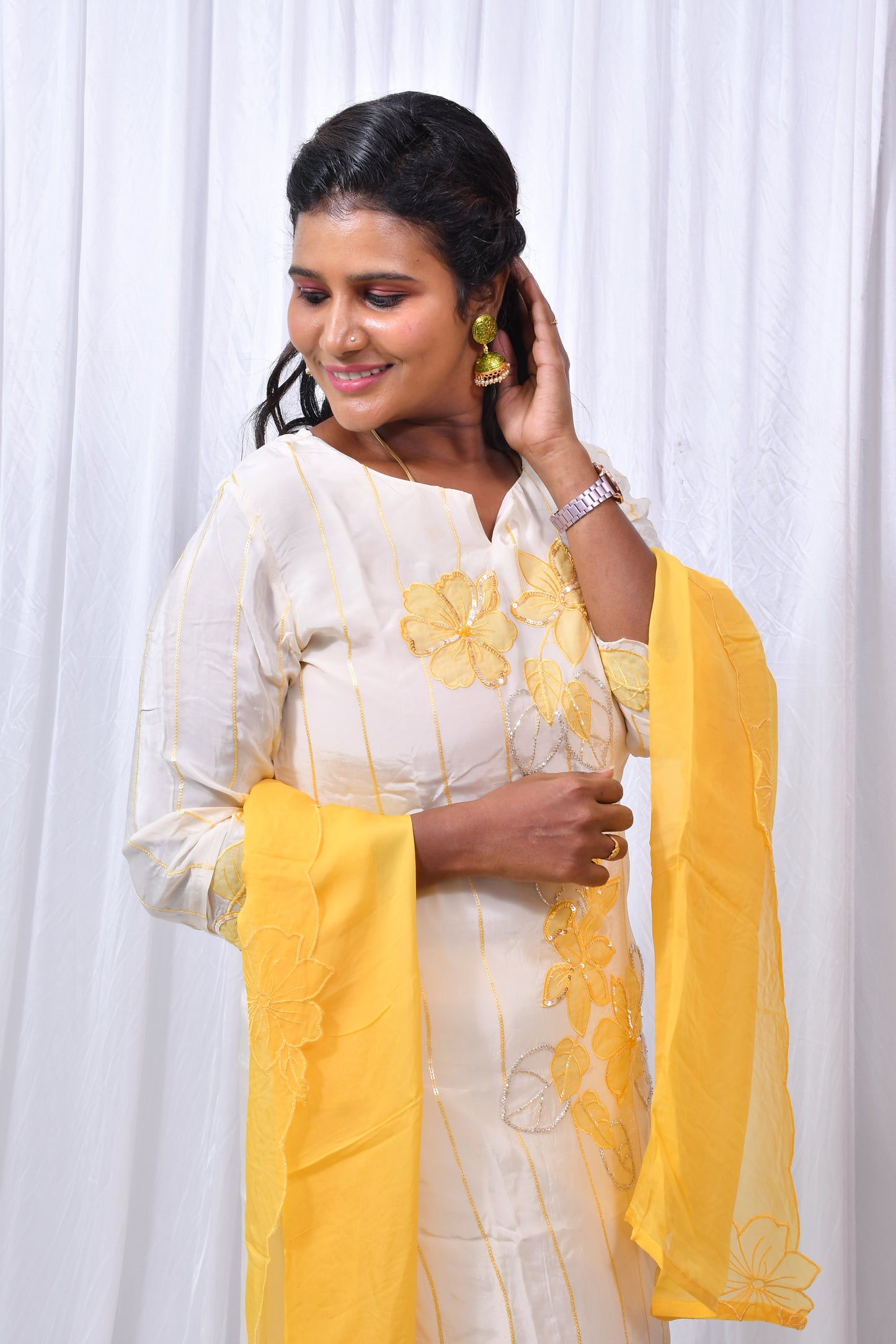 Function Wear 3-Piece Set in Ivory Background with beautiful Yellow Flower designs in Top and Dupatta made out of German Silk