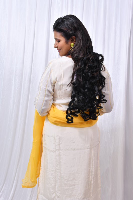 Function Wear 3-Piece Set in Ivory Background with beautiful Yellow Flower designs in Top and Dupatta made out of German Silk