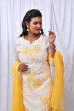 Function Wear 3-Piece Set in Ivory Background with beautiful Yellow Flower designs in Top and Dupatta made out of German Silk