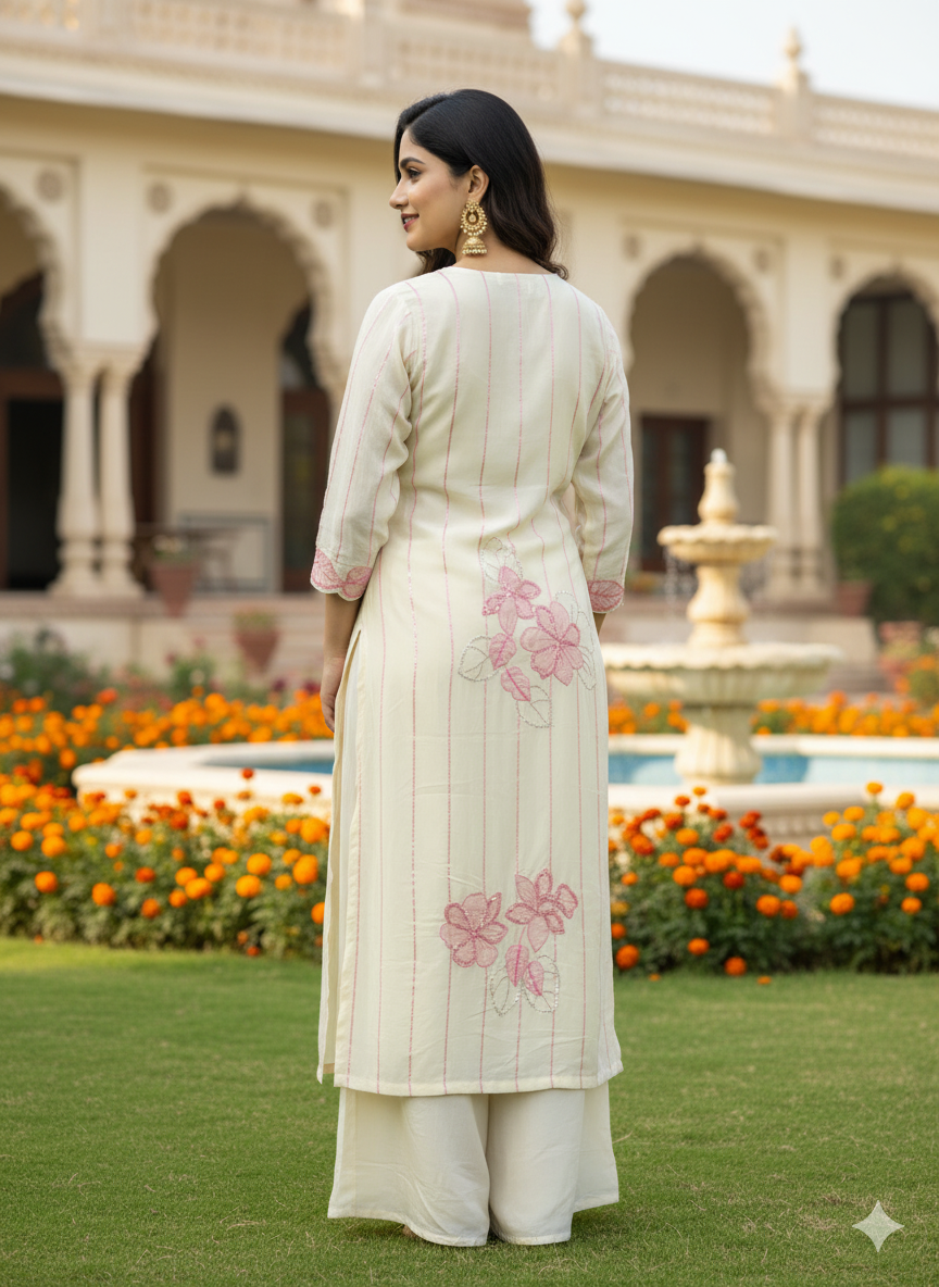 Function Wear 3-Piece Set in Ivory Background with beautiful Pink Flower designs in Top and Dupatta made out of German Silk