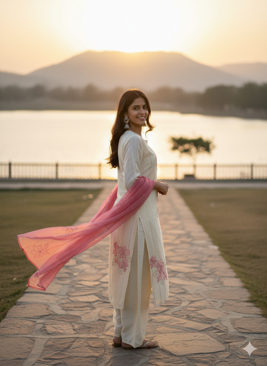 Function Wear 3-Piece Set in Ivory Background with beautiful Pink Flower designs in Top and Dupatta made out of German Silk