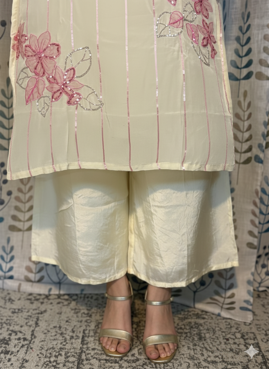 Function Wear 3-Piece Set in Ivory Background with beautiful Pink Flower designs in Top and Dupatta made out of German Silk