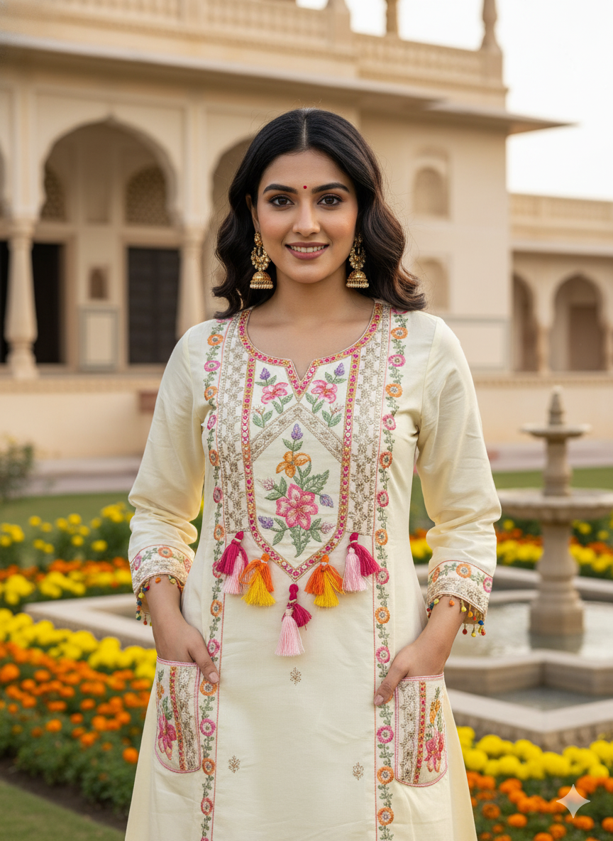 Function Wear 3-Piece Set in Ivory Background with beautiful Flower designs in Top and Dupatta made out of Tussar Silk