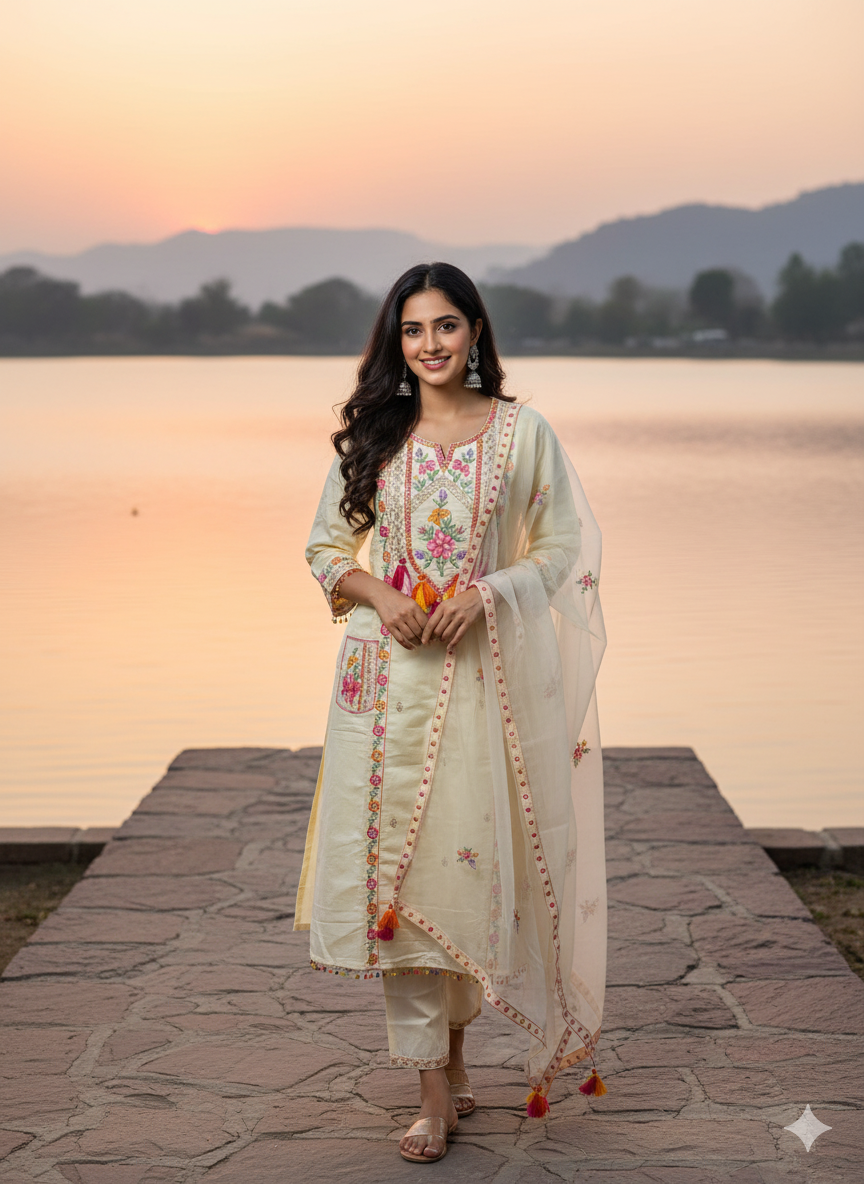 Function Wear 3-Piece Set in Ivory Background with beautiful Flower designs in Top and Dupatta made out of Tussar Silk