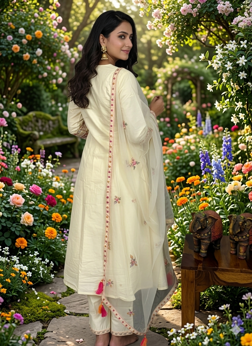 Function Wear 3-Piece Set in Ivory Background with beautiful Flower designs in Top and Dupatta made out of Tussar Silk