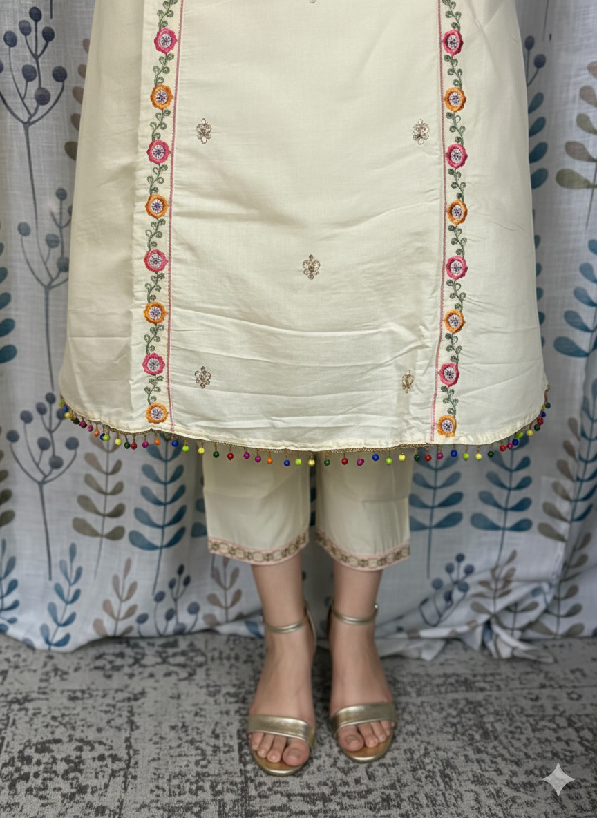 Function Wear 3-Piece Set in Ivory Background with beautiful Flower designs in Top and Dupatta made out of Tussar Silk