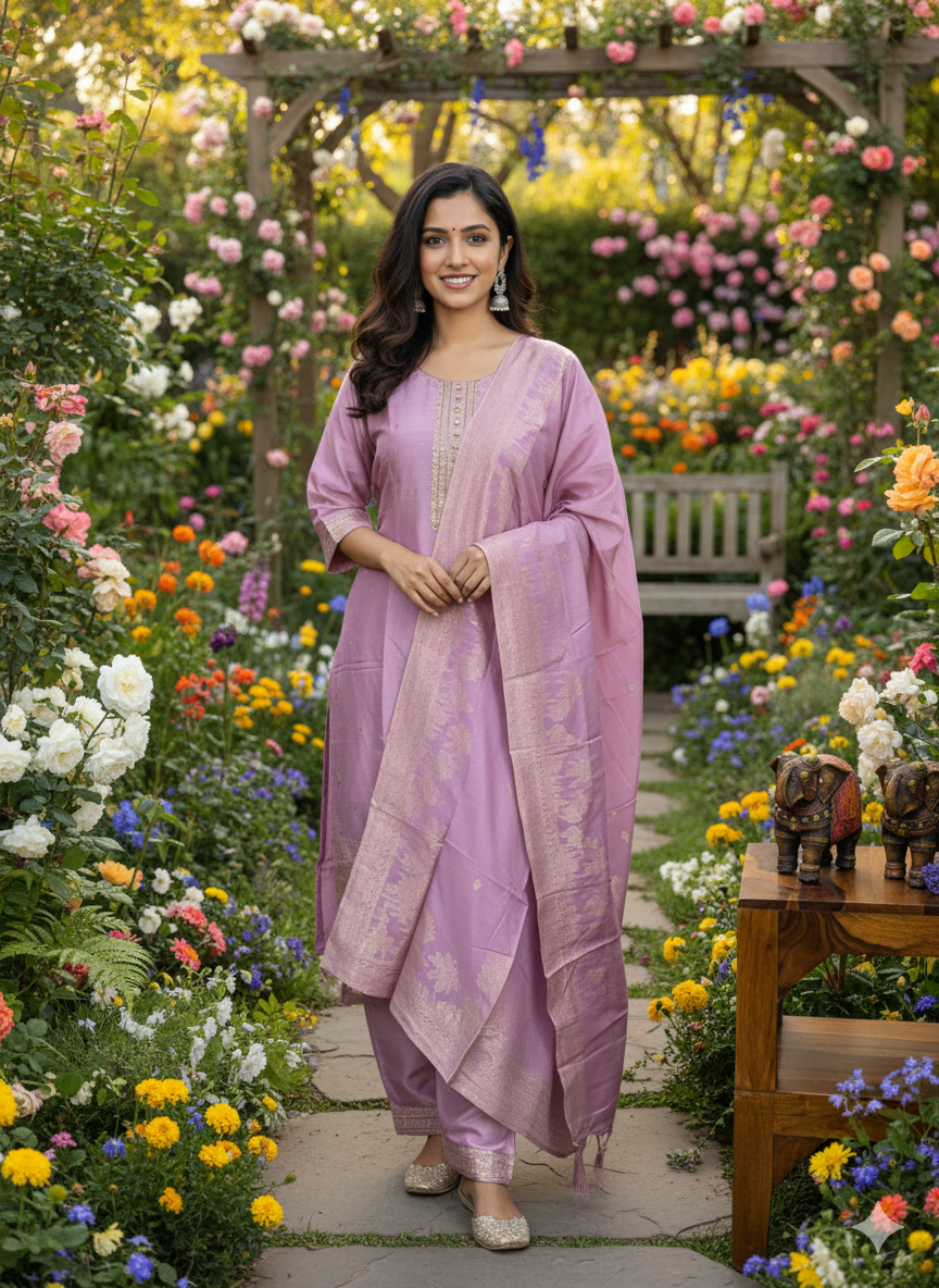 Function Wear 3-Piece Set in Purple Background with Chumiki Work in Top and Dupatta made out of Soft Silk