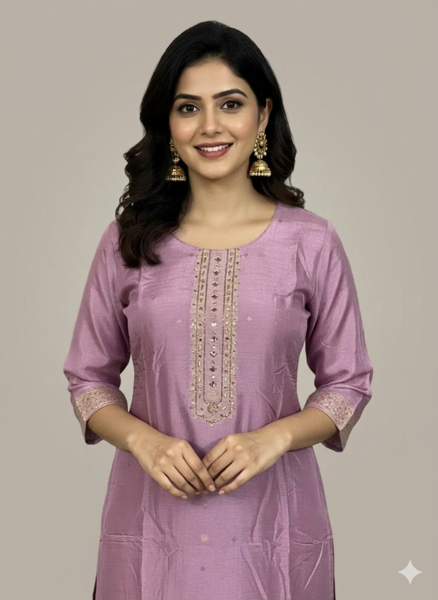 Function Wear 3-Piece Set in Purple Background with Chumiki Work in Top and Dupatta made out of Soft Silk