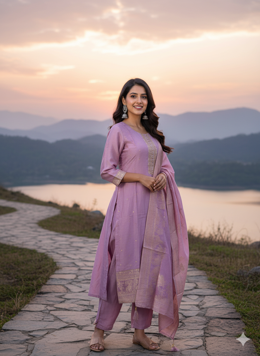 Function Wear 3-Piece Set in Purple Background with Chumiki Work in Top and Dupatta made out of Soft Silk