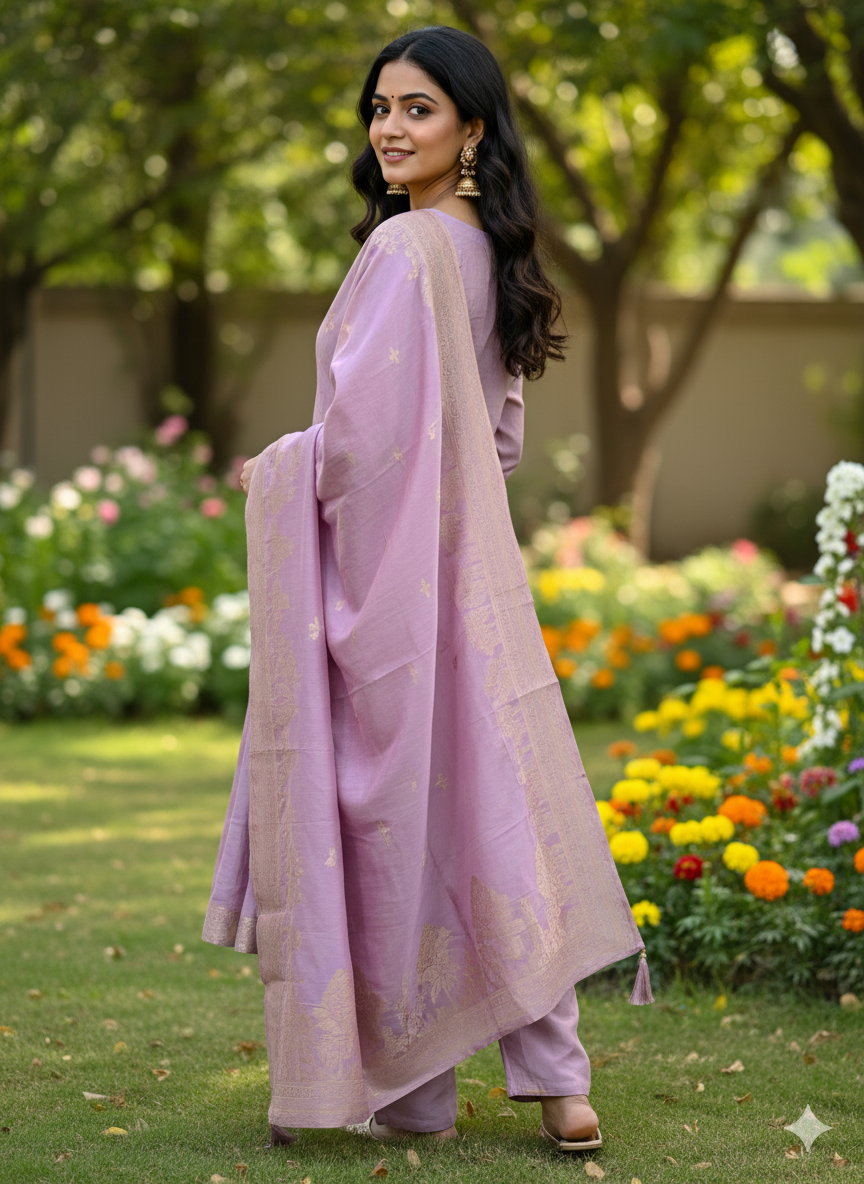 Function Wear 3-Piece Set in Purple Background with Chumiki Work in Top and Dupatta made out of Soft Silk