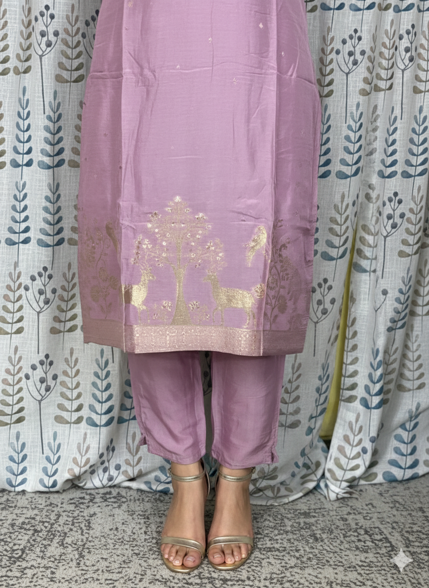 Function Wear 3-Piece Set in Purple Background with Chumiki Work in Top and Dupatta made out of Soft Silk
