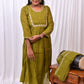 Function Wear 3-Piece Set in Green Background with Thread and Chumiki Work in Top and Dupatta made out of German Silk