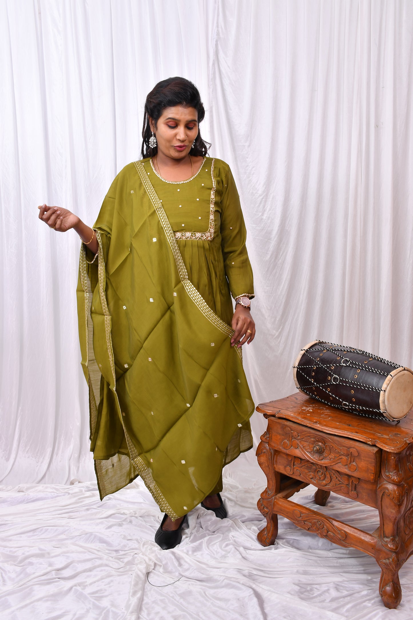 Function Wear 3-Piece Set in Green Background with Thread and Chumiki Work in Top and Dupatta made out of German Silk