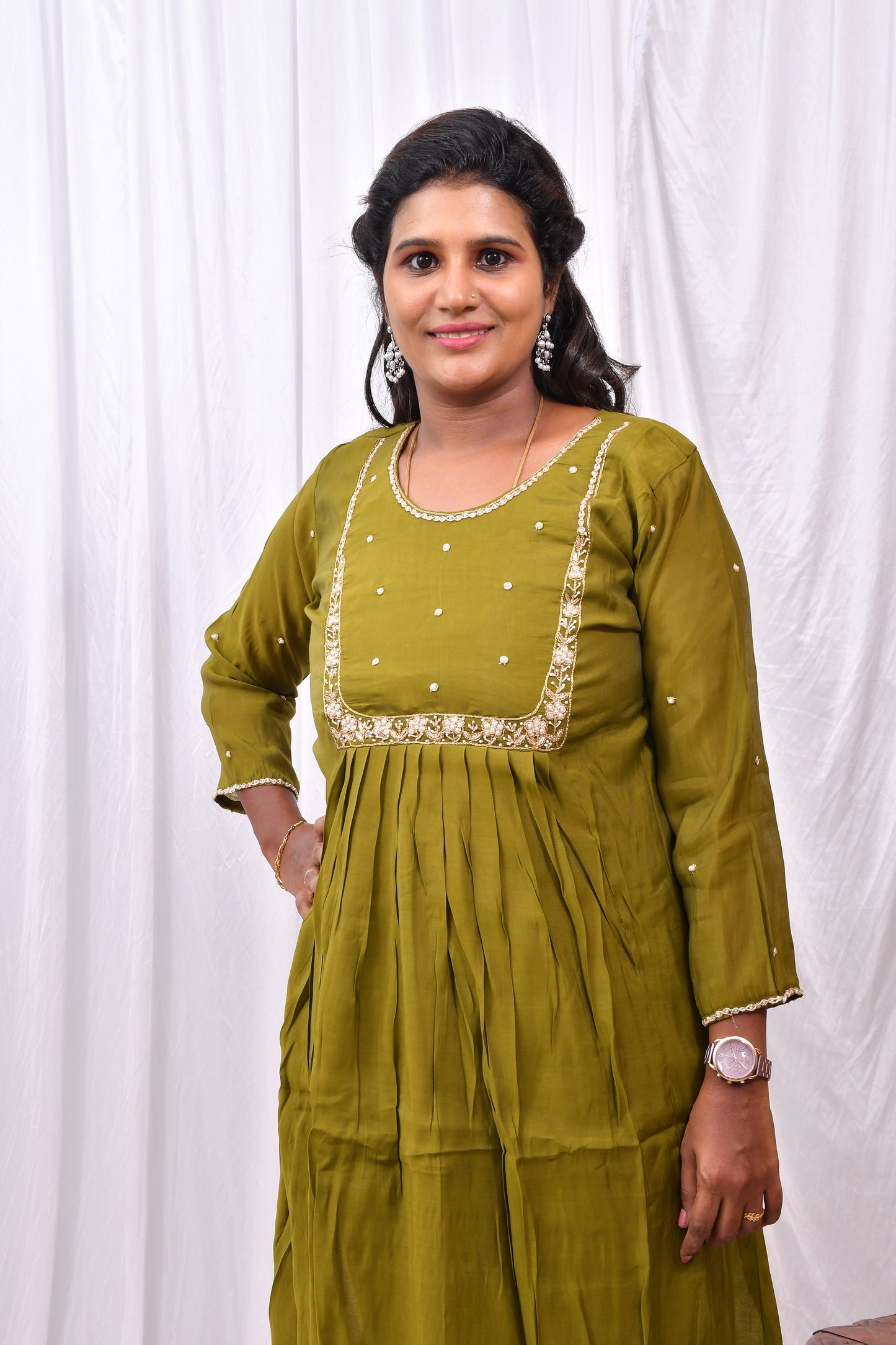 Function Wear 3-Piece Set in Green Background with Thread and Chumiki Work in Top and Dupatta made out of German Silk