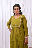 Function Wear 3-Piece Set in Green Background with Thread and Chumiki Work in Top and Dupatta made out of German Silk
