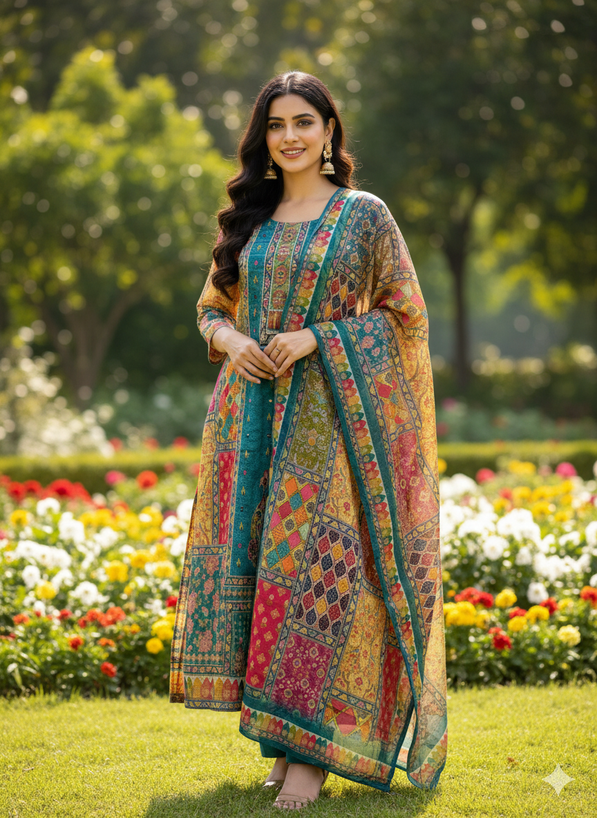 Function Wear 3-Piece Set in Green Background with Thread Work in Top and Dupatta made out of Chinese Silk