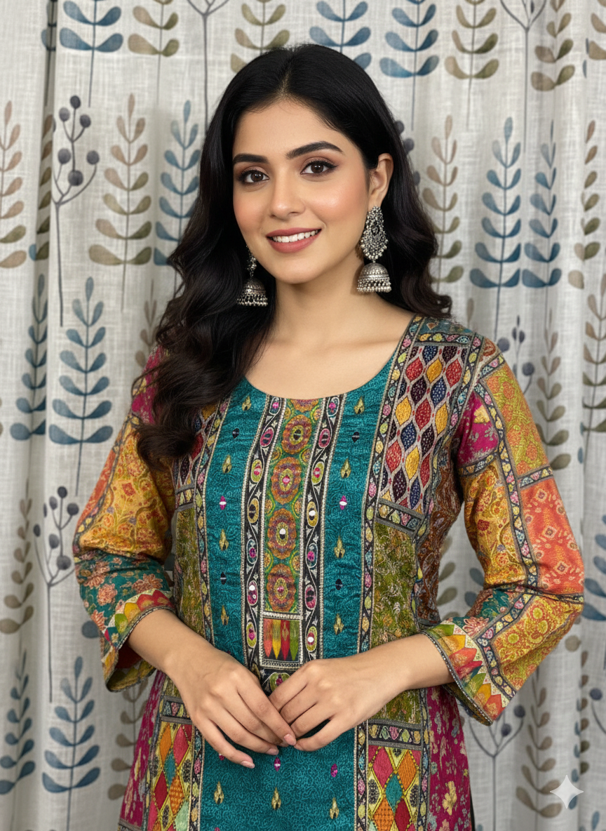 Function Wear 3-Piece Set in Green Background with Thread Work in Top and Dupatta made out of Chinese Silk