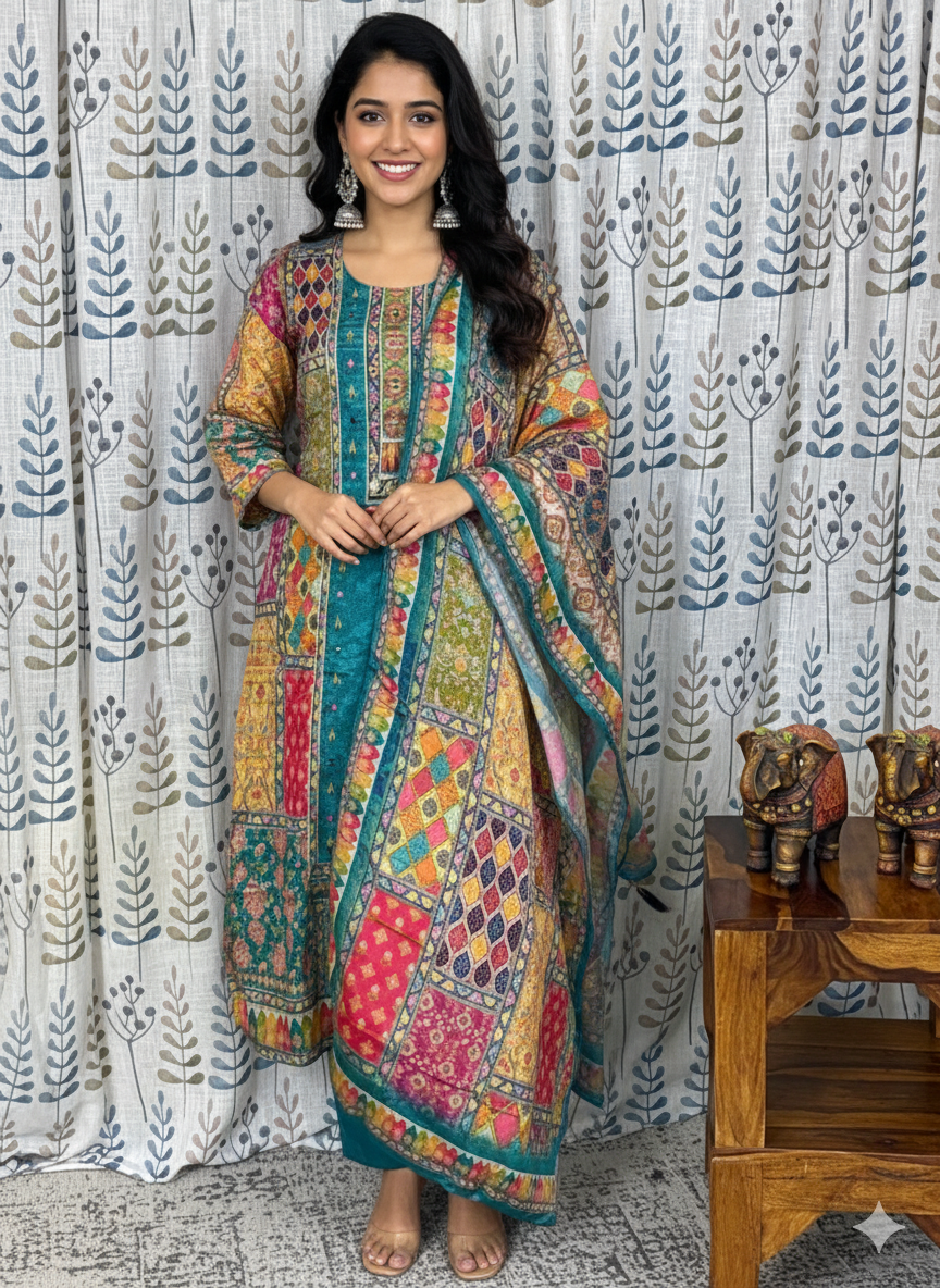 Function Wear 3-Piece Set in Green Background with Thread Work in Top and Dupatta made out of Chinese Silk
