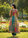 Function Wear 3-Piece Set in Green Background with Thread Work in Top and Dupatta made out of Chinese Silk