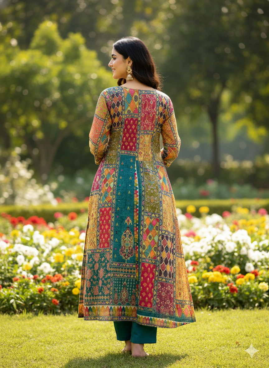 Function Wear 3-Piece Set in Green Background with Thread Work in Top and Dupatta made out of Chinese Silk