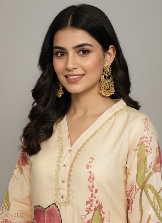 Function Wear 3-Piece Set in Shining Ivory Color with Elegant Printed Design & Lace Work and Matching Printed Design Dupatta