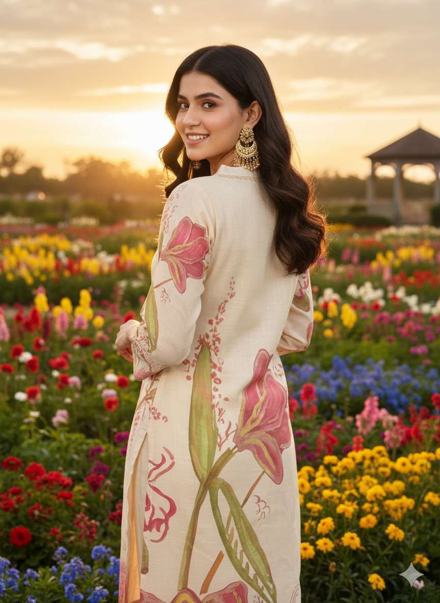 Function Wear 3-Piece Set in Shining Ivory Color with Elegant Printed Design & Lace Work and Matching Printed Design Dupatta