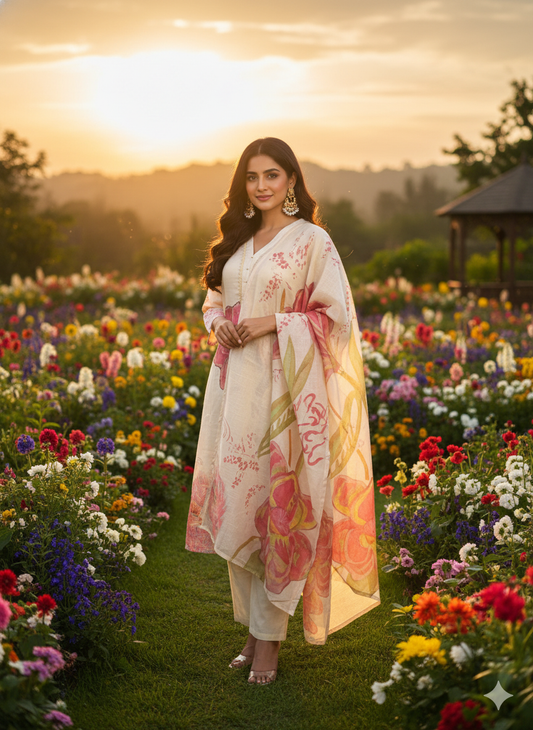 Function Wear 3-Piece Set in Shining Ivory Color with Elegant Printed Design & Lace Work and Matching Printed Design Dupatta