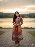 Function Wear 3-Piece Set in Pink Background with Thread Work in Top and Dupatta made out of Chinese Silk