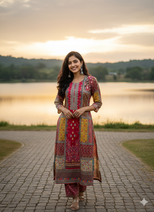 Function Wear 3-Piece Set in Pink Background with Thread Work in Top and Dupatta made out of Chinese Silk