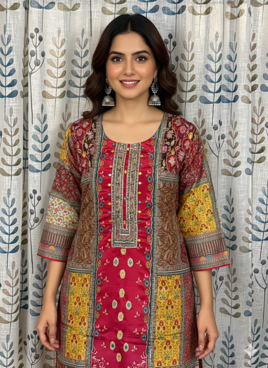 Function Wear 3-Piece Set in Pink Background with Thread Work in Top and Dupatta made out of Chinese Silk
