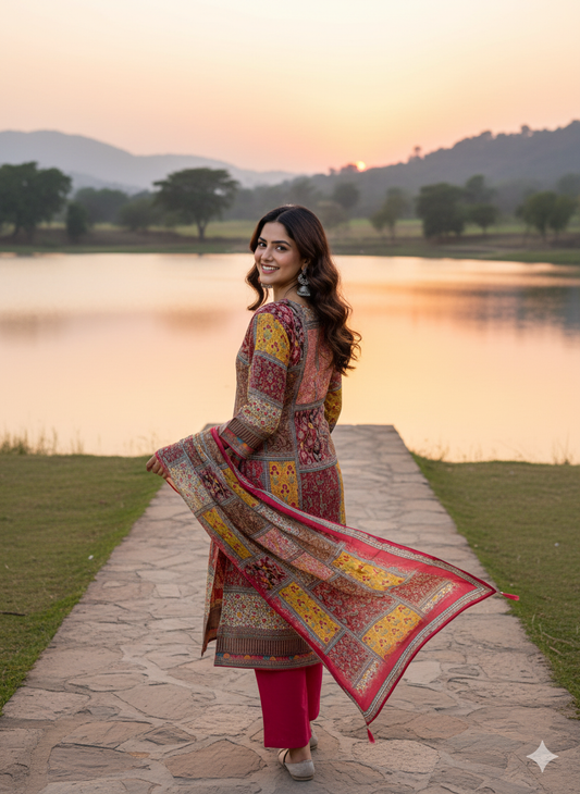 Function Wear 3-Piece Set in Pink Background with Thread Work in Top and Dupatta made out of Chinese Silk