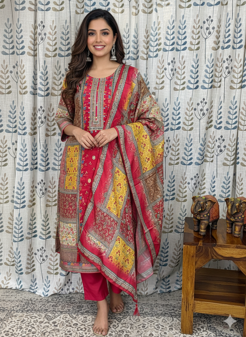 Function Wear 3-Piece Set in Pink Background with Thread Work in Top and Dupatta made out of Chinese Silk