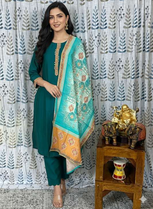 Cotton Wear 3-Piece Set in Teal Blue Background with Patch & Thread Work in Yoke and Contrast Printed Design Dupatta