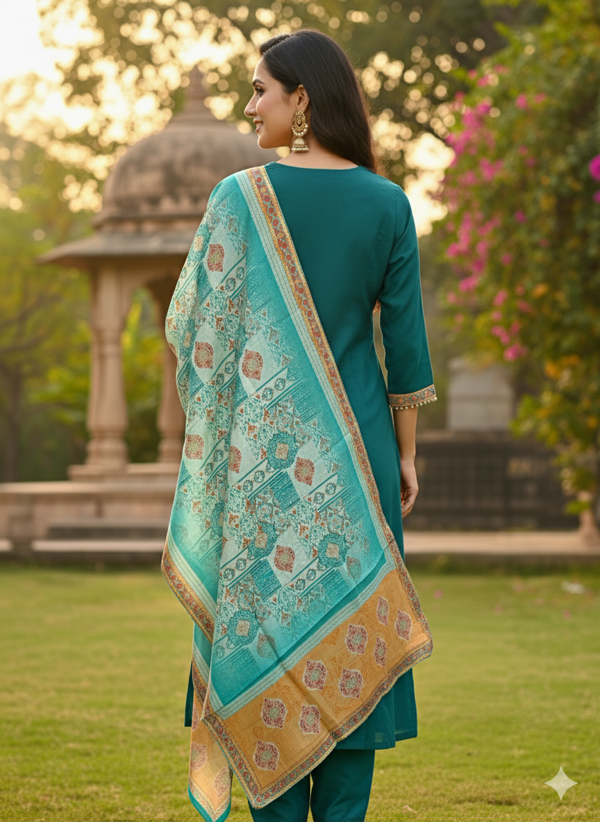 Cotton Wear 3-Piece Set in Teal Blue Background with Patch & Thread Work in Yoke and Contrast Printed Design Dupatta