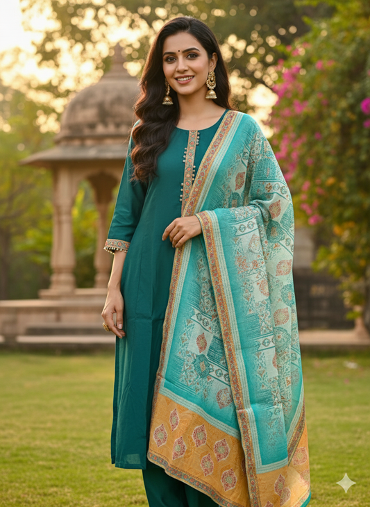 Cotton Wear 3-Piece Set in Teal Blue Background with Patch & Thread Work in Yoke and Contrast Printed Design Dupatta