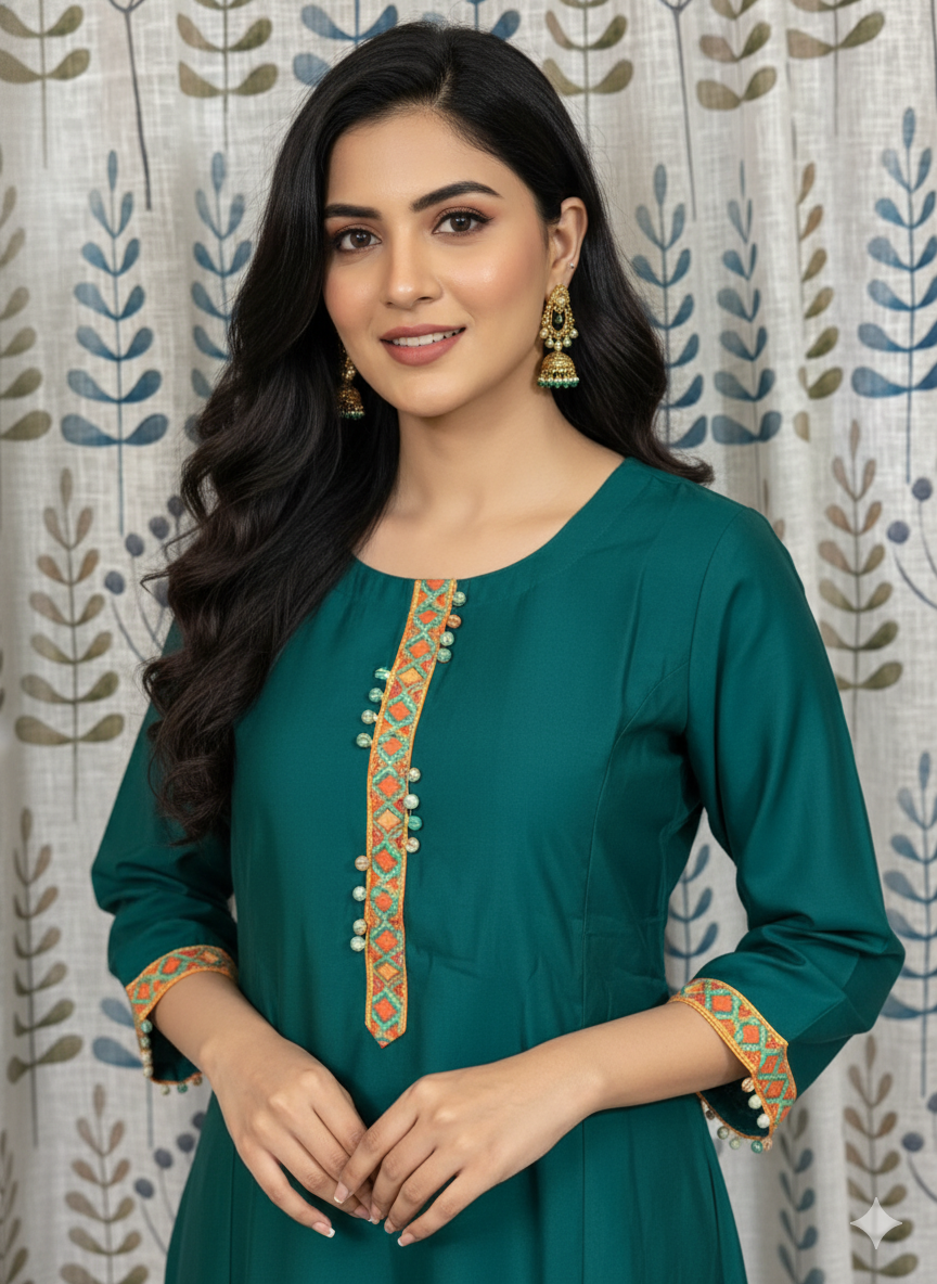 Cotton Wear 3-Piece Set in Teal Blue Background with Patch & Thread Work in Yoke and Contrast Printed Design Dupatta