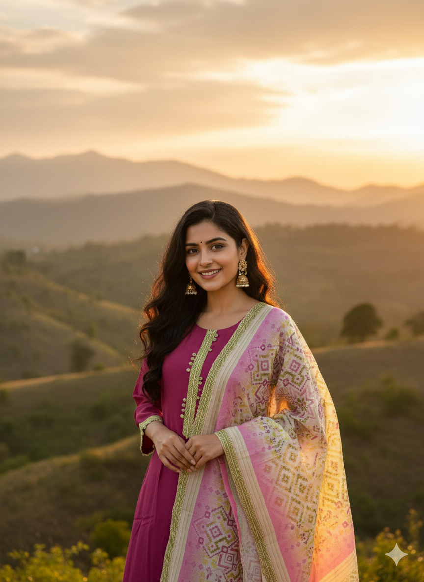 Cotton Wear 3-Piece Set in Pink Background with Patch & Thread Work in Yoke and Contrast Printed Design Dupatta