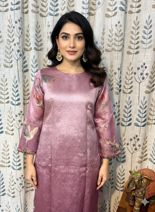 Function Wear 3-Piece Set in Onion Color Background with Elegant Mirror & Thread Work in Top and Dupatta made out of Tussar Silk