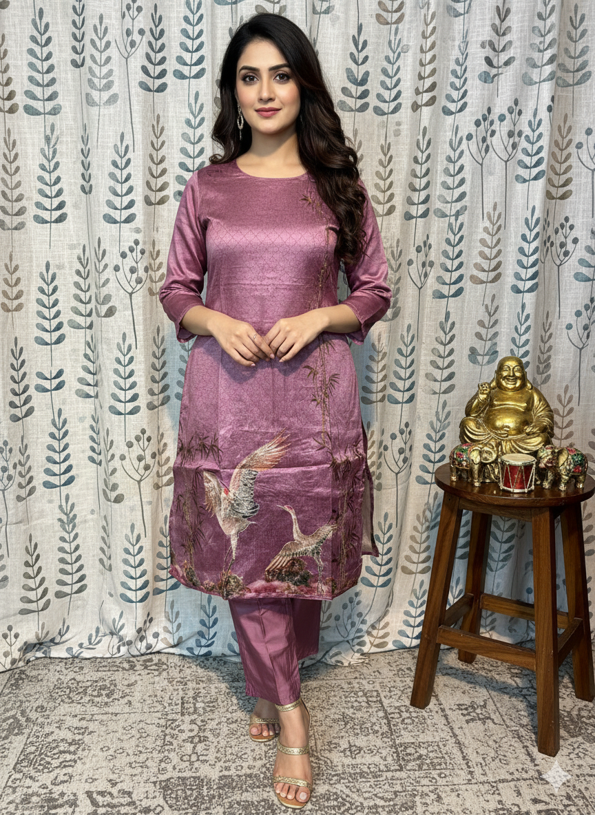 Function Wear 3-Piece Set in Onion Color Background with Elegant Mirror & Thread Work in Top and Dupatta made out of Tussar Silk
