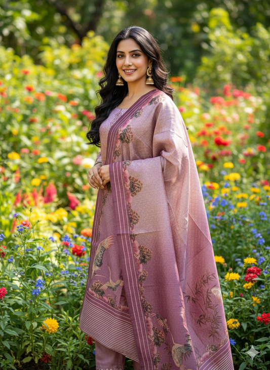 Function Wear 3-Piece Set in Onion Color Background with Elegant Mirror & Thread Work in Top and Dupatta made out of Tussar Silk