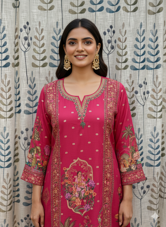 Function Wear 3-Piece Set in Rani Pink Color Background with Elegant Chumiki Work in Top and Dupatta made out of Tussar Silk