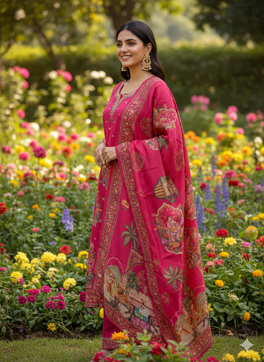 Function Wear 3-Piece Set in Rani Pink Color Background with Elegant Chumiki Work in Top and Dupatta made out of Tussar Silk