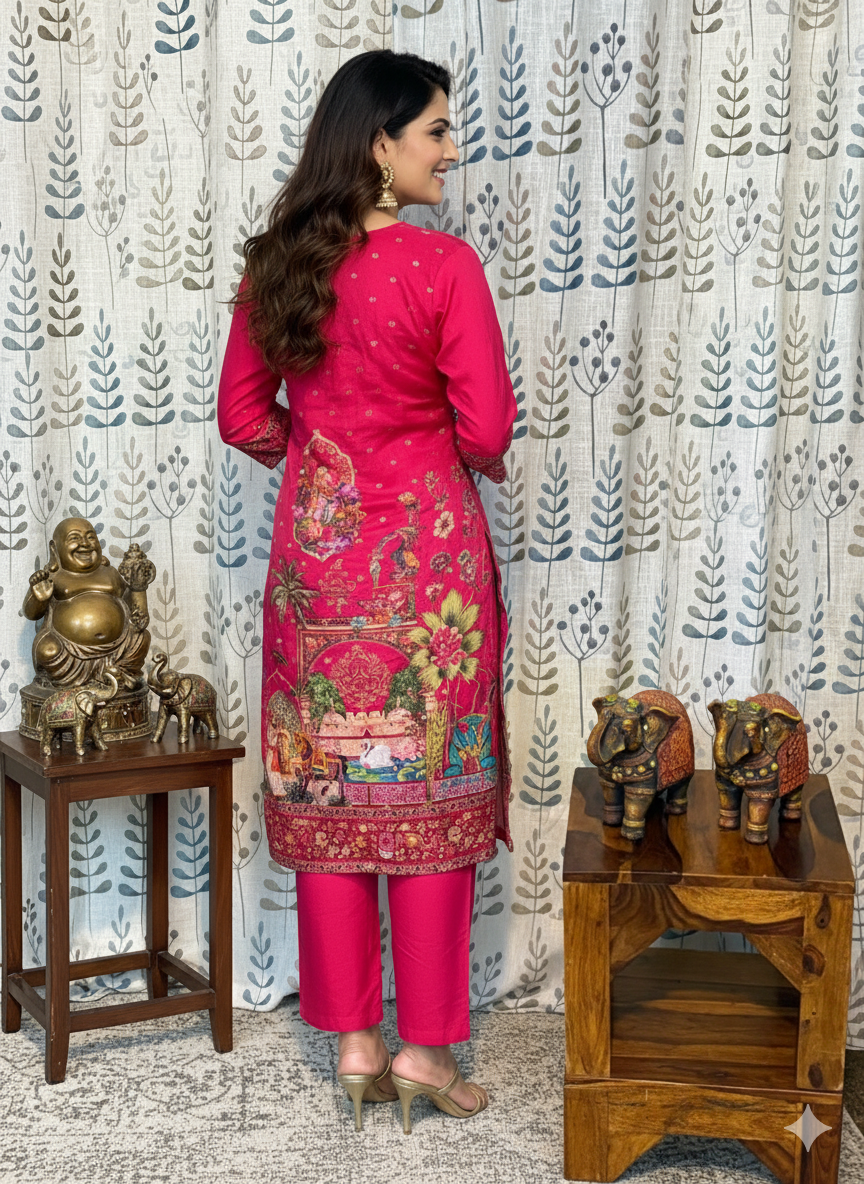 Function Wear 3-Piece Set in Rani Pink Color Background with Elegant Chumiki Work in Top and Dupatta made out of Tussar Silk